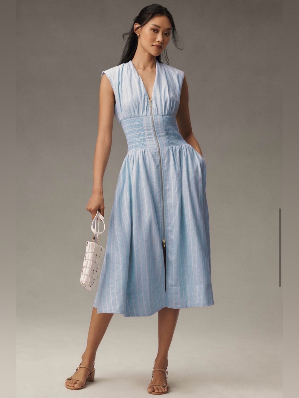Anthropologie • Tommie Smocked MIDI Dress in Striped Linen • Size S